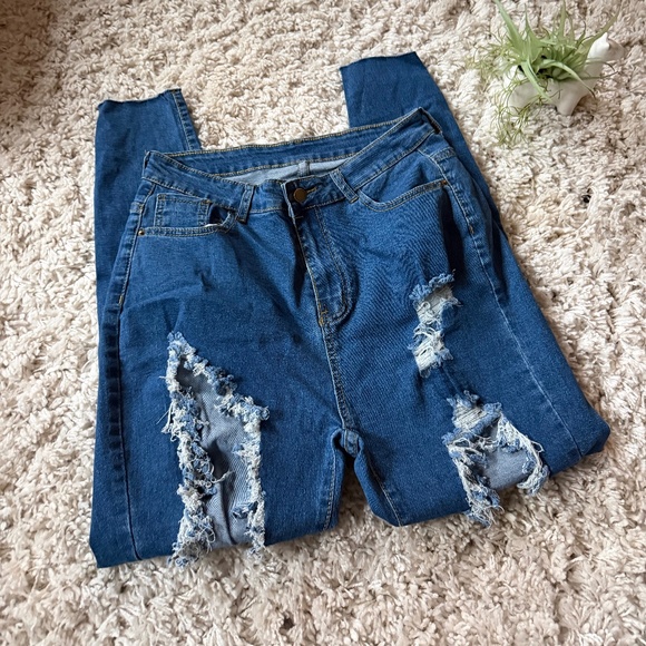 Stylish Distressed women’s high waisted, high-rise ripped distressed 1 X Blue Je - Picture 1 of 5